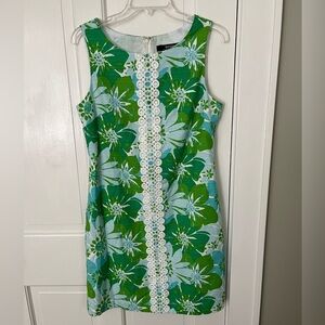Kensie Green & Blue Floral Print White Crochet Sleeveless Shift Dress Size 8